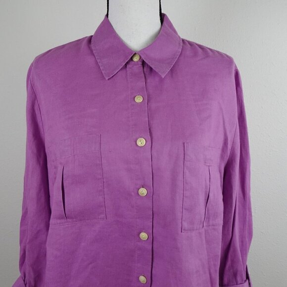Investments Linen Blouse Top Women's 14W Purple Roll Tab Sleeves - Picture 2 of 9